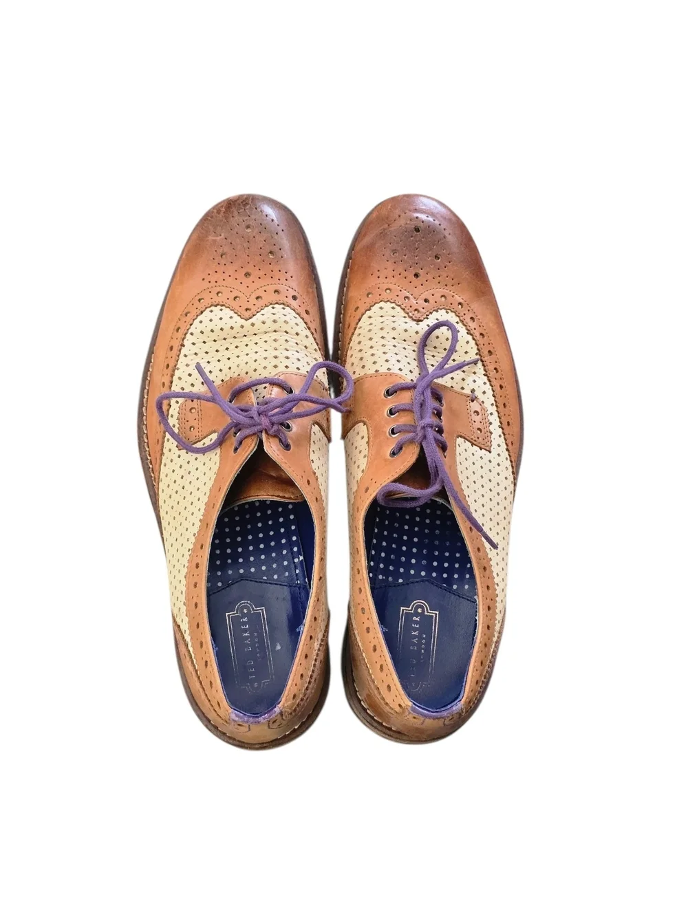 Ted Baker Two-Tone Brogue Derby in Tan, Cream and Purple Accents Men's Size 9
